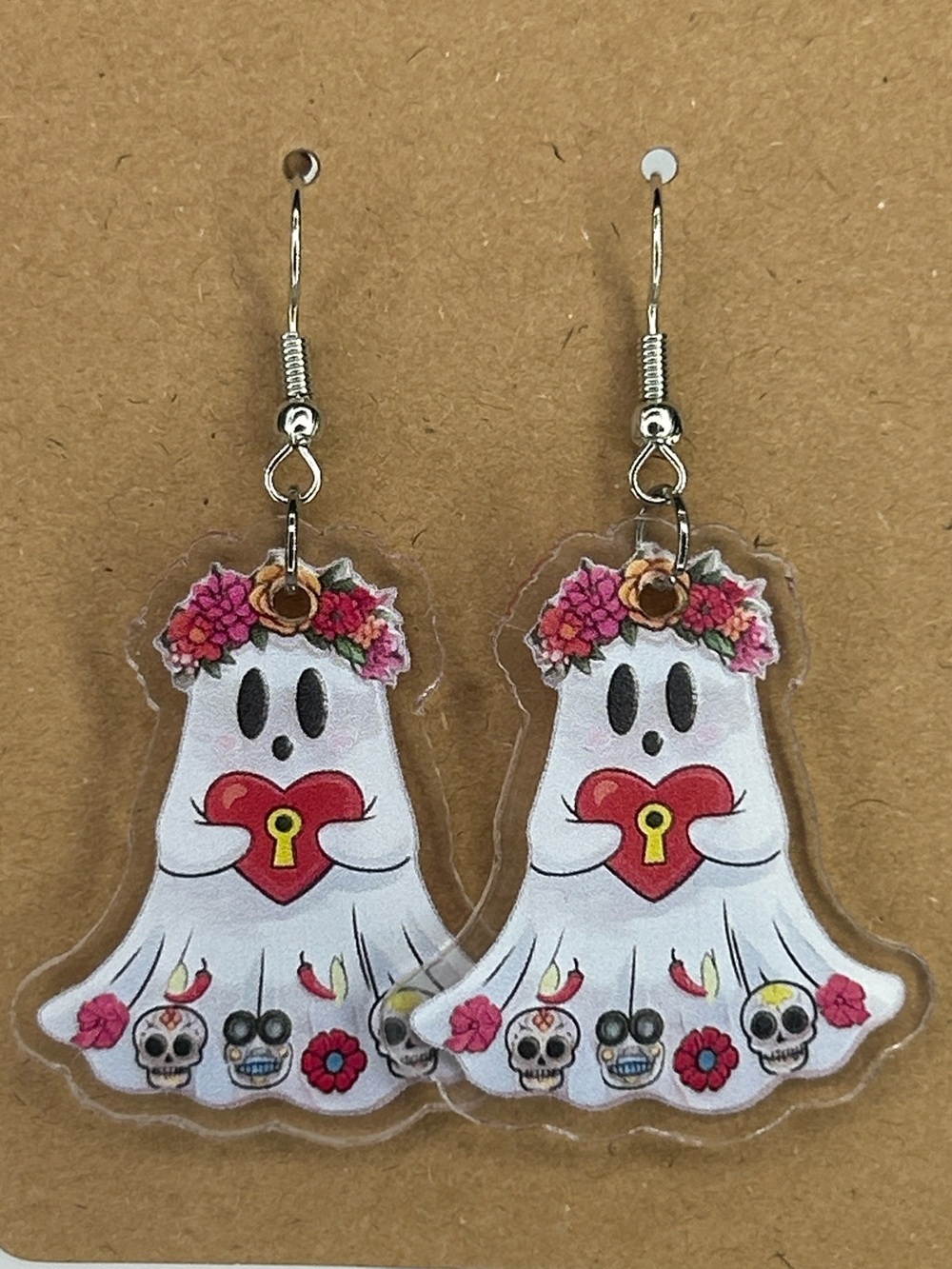 Ghost Heart Keyhole Dangle Earrings Floral Crown Skull Fashion Jewelry Halloween
